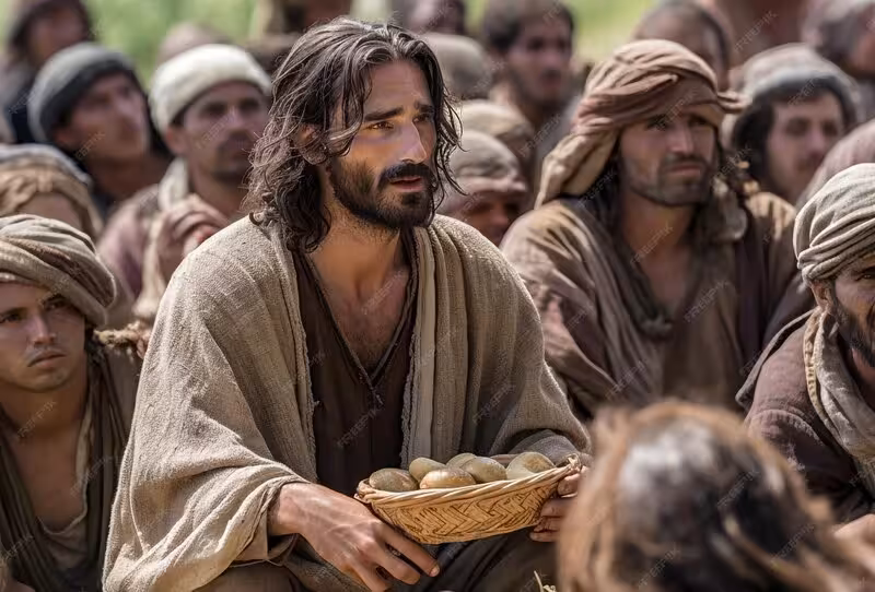 Jesus sentado em meio a multidão após o milagre da multiplicação dos pães. Jesus sentado em meio a multidão após o milagre da multiplicação dos pães.