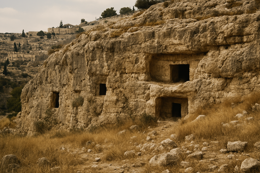 Entradas de tumbas escavadas na rocha no local histórico de Aceldama, o Campo de Sangue