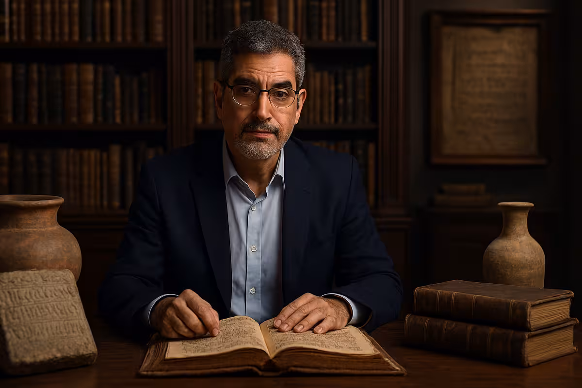 O que define a excelência em um curso da Bíblia na atualidade O pesquisador num curso da Bíblia em um estúdio cercado por livros de teologia e artefatos históricos.