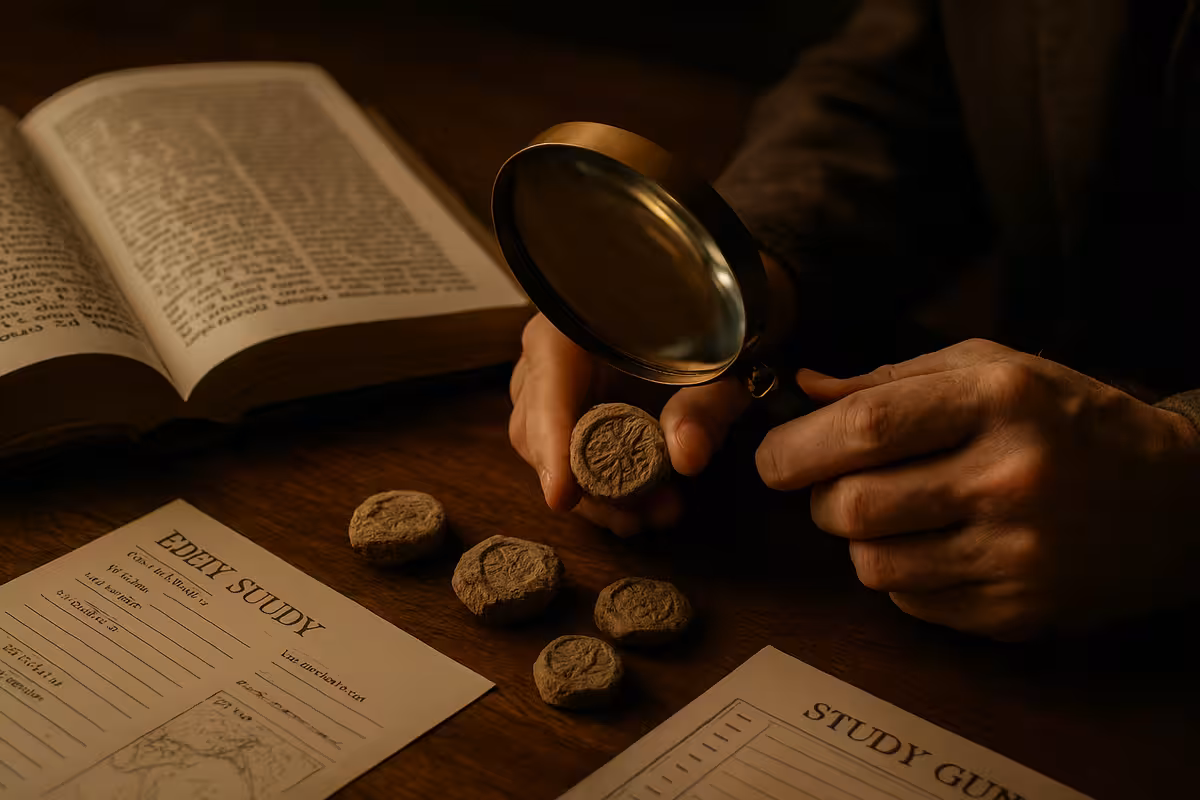 Estudante analisando artefatos antigos em um curso que estuda a Bíblia com profundidade técnica.