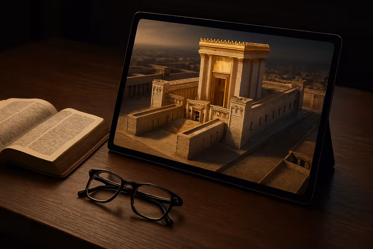 Aluno utilizando um infográfico interativo de um curso Bíblia fácil para entender o Tabernáculo.