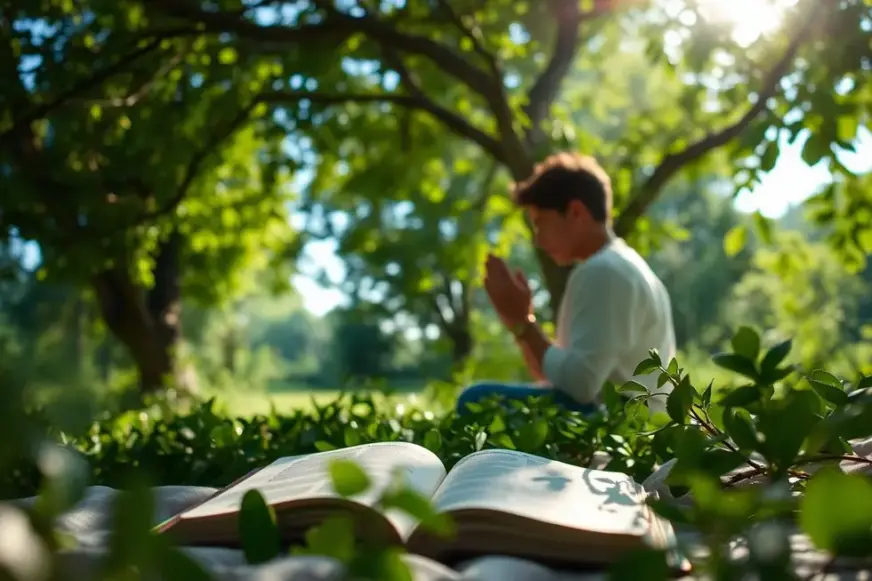 Pessoa em oração conectando-se com Deus e ainda que a figueira não floresça e descubra como manter a fé e a esperança mesmo em tempos difíceis.