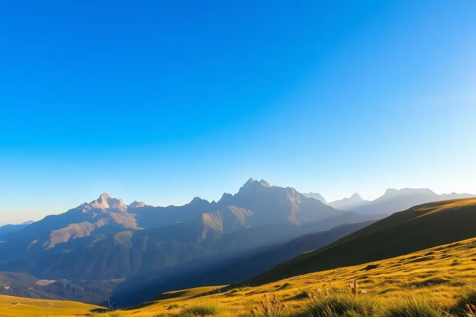 Uma vista majestosa de um vale verde sob um céu azul.