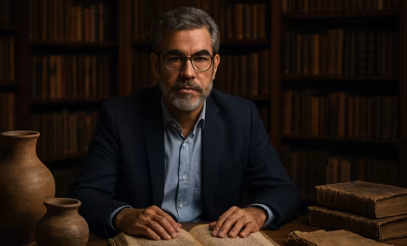 Tudo sobre o curso do Rodrigo Silva e a Bíblia Comentada Curso Rodrigo Silva em um estúdio moderno com livros antigos e artefatos arqueológicos ao fundo.